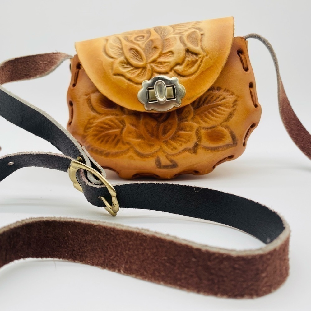 Handtooled Embossed Leather Floral Mini Crossbody Bag